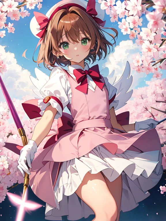 ((highest quality)), High resolution, (Card Captor Sakura), ((kinomoto sakura)), brown hair, short hair, beautiful feet, Bewitching, antenna hair, pink hat, green eyes, pink dress, Striped ribbon, white gloves, magic wand, ((masterpiece)), UHD, retina, masterpiece, accurate, anatomically correct, textured skin, super detail, high details, high quality, best quality, highres, 8k