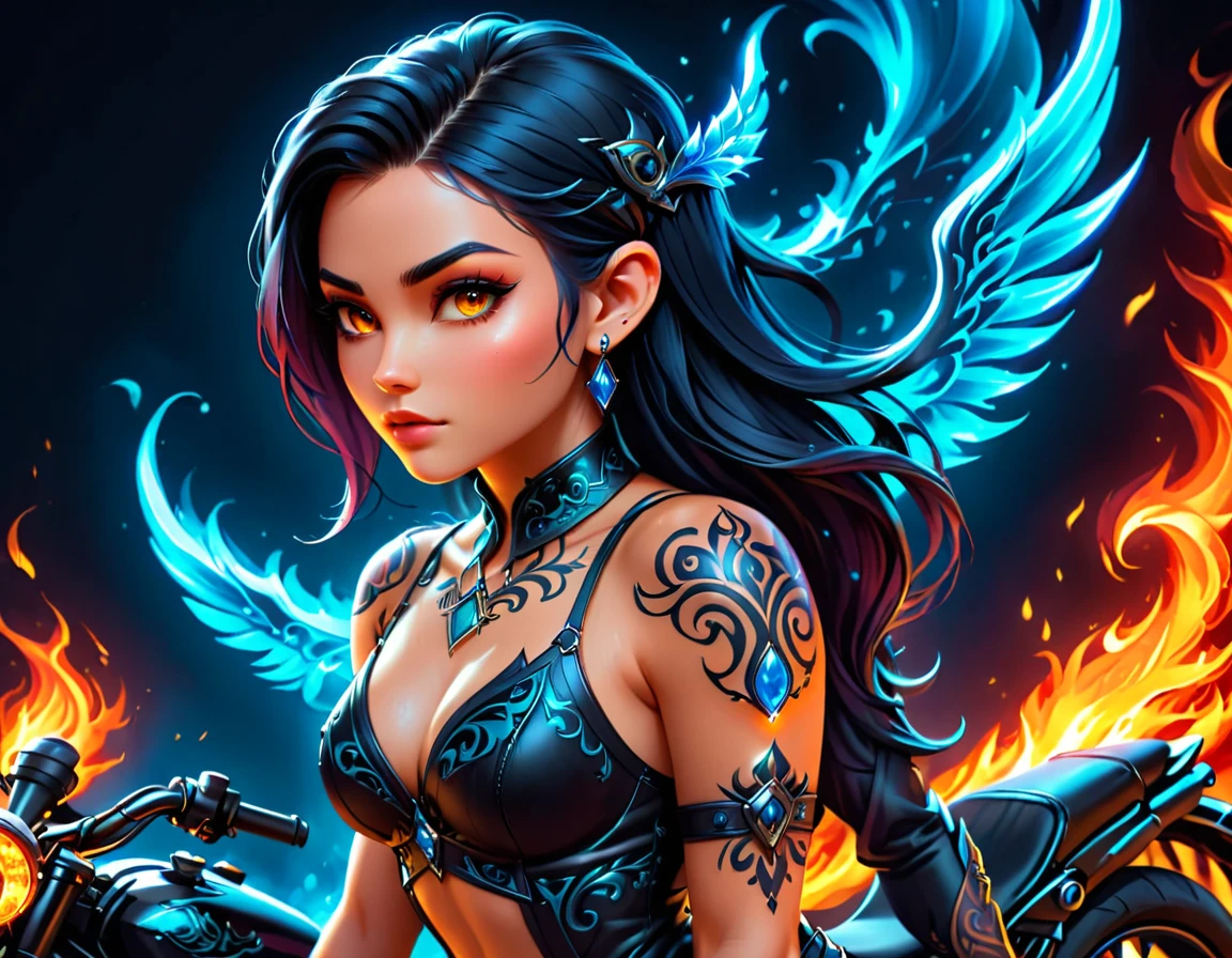 Arafed, Dark fantasy art, fantasy art, goth art, a picture of a of a tattooed female elf near her motorcycle (masterwork, best detailed, ultra detail: 1.5) the tattoo is vivid, intricate detailed coming to life from the ink to real life, GlowingRunesAI_paleblue, ((fire surrounds the motorcycle: 1.5)), ultra feminine, ((beautiful delicate face)), Ultra Detailed Face, small pointed ears, dynamic angle, ((the back is visible: 1.3), she wears a transparent black dress, the dress is elegant, flowing, elven style, that the tattoos glow, dynamic hair color, dynamic hair style, high details, best quality, 16k, [ultra detailed], masterpiece, best quality, (extremely detailed), dynamic angle, full body shot, faize, drkfntasy, Digital Painting, Intense gaze