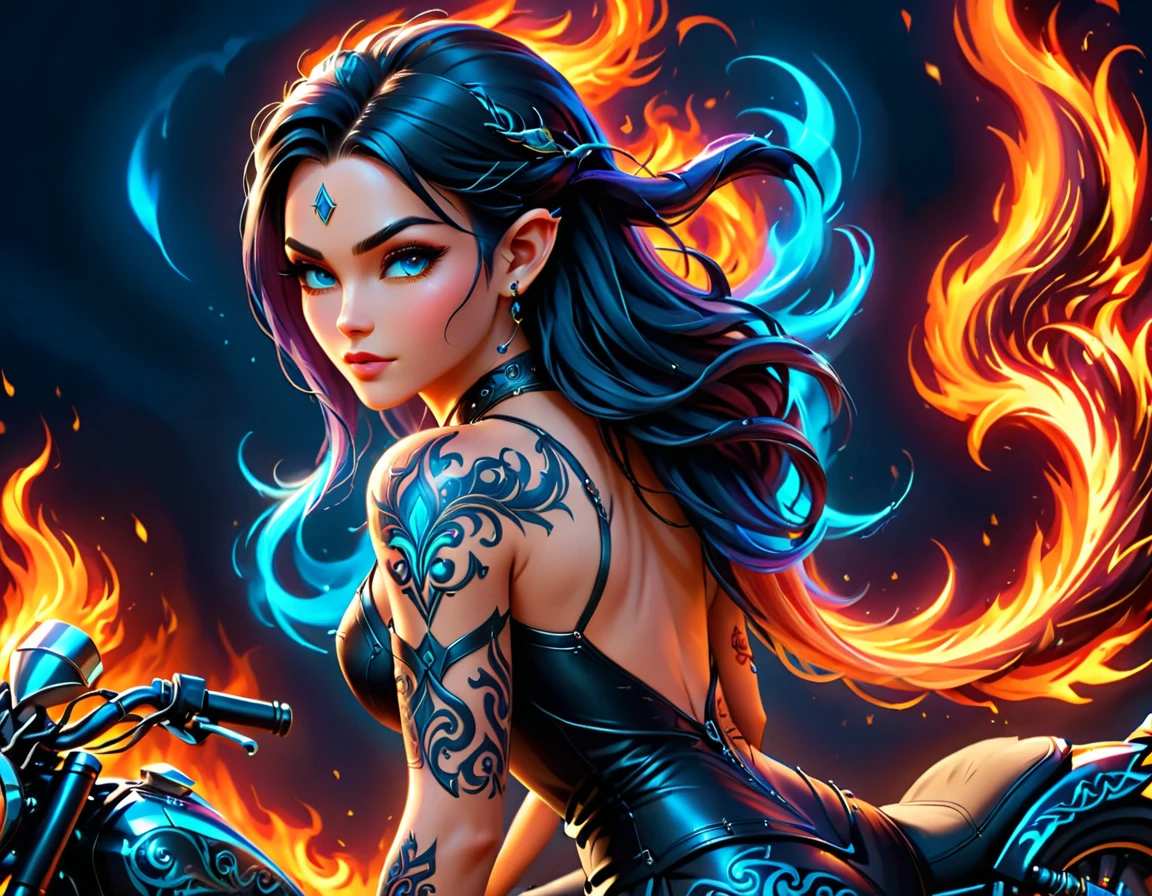 Arafed, Dark fantasy art, fantasy art, goth art, a picture of a of a tattooed female elf near her motorcycle (masterwork, best detailed, ultra detail: 1.5) the tattoo is vivid, intricate detailed coming to life from the ink to real life, GlowingRunesAI_paleblue, ((fire surrounds the motorcycle: 1.5)), ultra feminine, ((beautiful delicate face)), Ultra Detailed Face, small pointed ears, dynamic angle, ((the back is visible: 1.3), she wears a transparent black dress, the dress is elegant, flowing, elven style, that the tattoos glow, dynamic hair color, dynamic hair style, high details, best quality, 16k, [ultra detailed], masterpiece, best quality, (extremely detailed), dynamic angle, full body shot, faize, drkfntasy, Digital Painting, Intense gaze