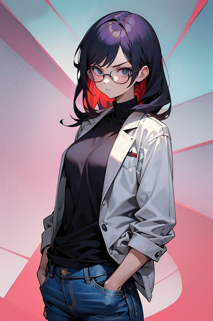 teacher, anime, glasses, in a class, young female, serious face, white shirt, jacket, jeans, arms in pockets, upper body
