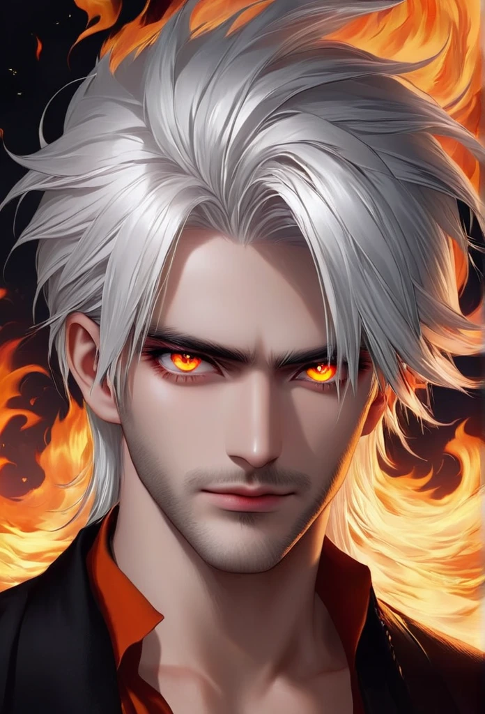 Man with white hair and fiery eyes 🔥