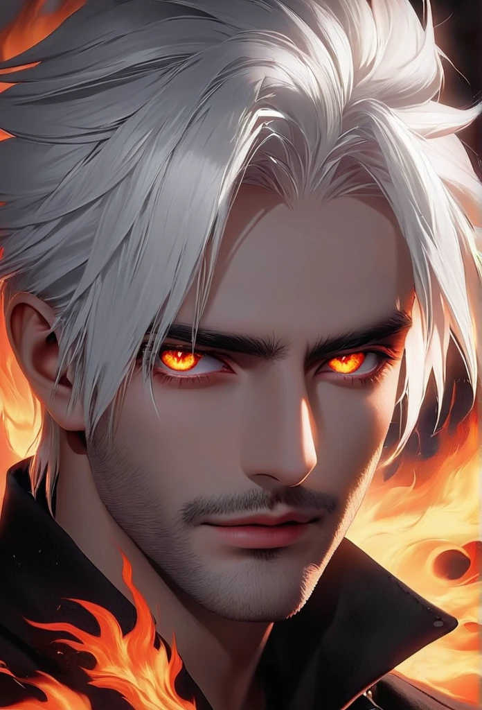 Man with white hair and fiery eyes 🔥