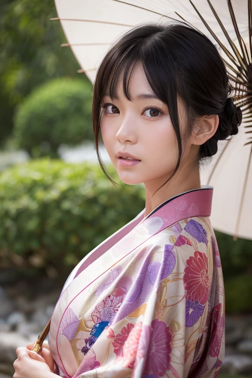 a young Japanese lady in kimonos posing for an elegant umbrella, in the style of liam sharp, 32k uhd, webcam, iPhone RAW quality photography, brightened colors, nature in theme, eve ventrue, smooth and curved lines, mid body shot, intensity but pleasent in facial expression. Avant-garde, lines and structure in background.