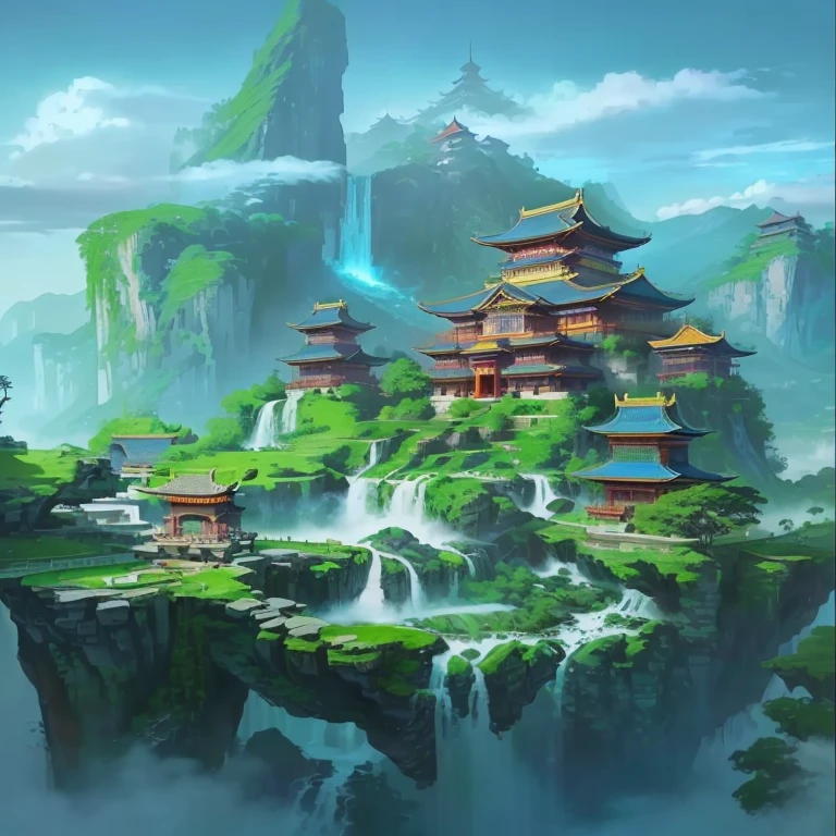 a painting of a waterfall and pagoda in a mountainous landscape, cyberpunk chinese ancient castle, temple background, g liulian art style, Water Temple, Pintura digital de um pagode, ross tran. scenic background, anime background art, painted as a game concept art, anime scenery concept art, colorful concept art, concept art painting, background representing a temple, amazing wallpaper