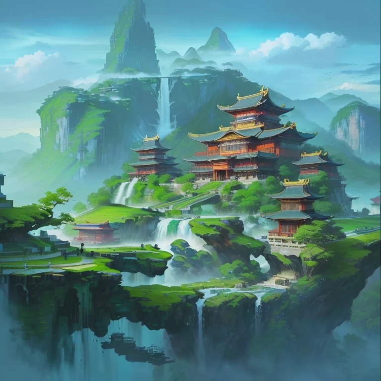 a painting of a waterfall and pagoda in a mountainous landscape, cyberpunk chinese ancient castle, temple background, g liulian art style, Water Temple, Pintura digital de um pagode, ross tran. scenic background, anime background art, painted as a game concept art, anime scenery concept art, colorful concept art, concept art painting, background representing a temple, amazing wallpaper