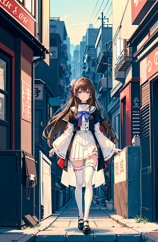 1girl, solo, outdoors, long hair, holy place, Original,(Illustration:1.1),(Best Quality),(masutepiece:1.1),(the Extremely Detailed CG Unity 8K Wallpapers:1.1), (Colorful:0.9),(mid-shot:0.95),(extremely detailed beautiful face),(Solo:1.2), (girl),(((Lori))), (Detailed beautiful eyes:1.15), (Beautiful face:1.15), (Glowing blue eyes:1.25////),(((Brown Long Hair))),(two side up),(+perfect hand+:1.21),(Draw illustration of Japan priestess costume),(slender),(White pleated skirt),(Gothic),((black thighhighs)),(frilld),(Beautiful Slender Lolita Girl),standing, girl,10 years old, girl,foggy place,((City in the Desert)),