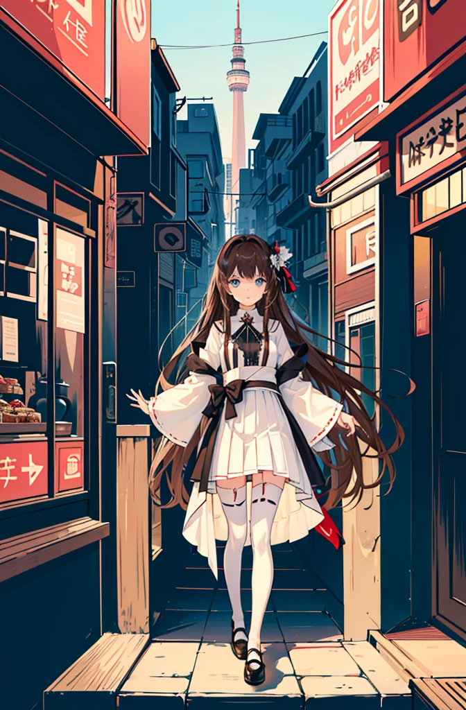 1girl,  solo, outdoors, long hair, holy place, Original,(Illustration:1.1),(Best Quality),(masutepiece:1.1),(the Extremely Detailed CG Unity 8K Wallpapers:1.1), (Colorful:0.9),(mid-shot:0.95),(extremely detailed beautiful face),(Solo:1.2), (girl),(((Lori))), (Detailed beautiful eyes:1.15), (Beautiful face:1.15), (Glowing blue eyes:1.25////),(((Brown Long Hair))),(two side up),(+perfect hand+:1.21),(Draw illustration of Japan priestess costume),(slender),(White pleated skirt),(Gothic),((black thighhighs)),(frilld),(Beautiful Slender Lolita Girl),standing, girl,10 years old,  girl,foggy place,((City in the Desert)),