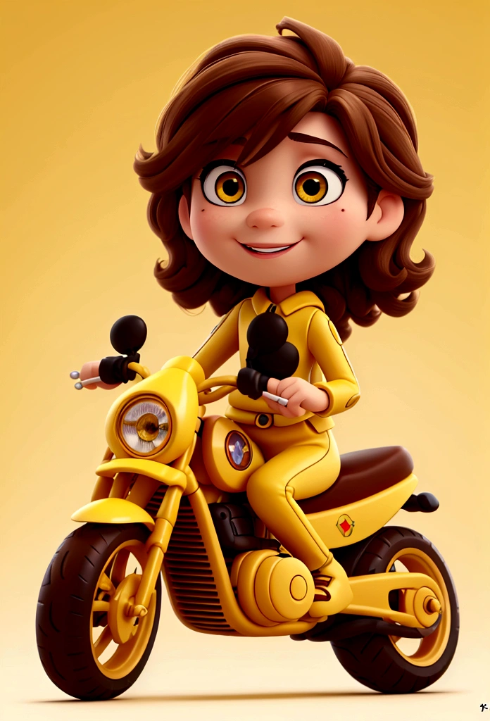 Emocal disney style drawing with fun light brown hair on the yellow motorbike with their perfumes 