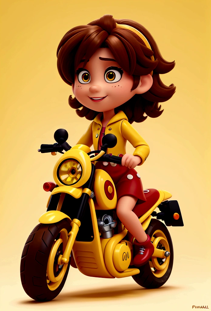 Emocal disney style drawing with fun light brown hair on the yellow motorbike with their perfumes 