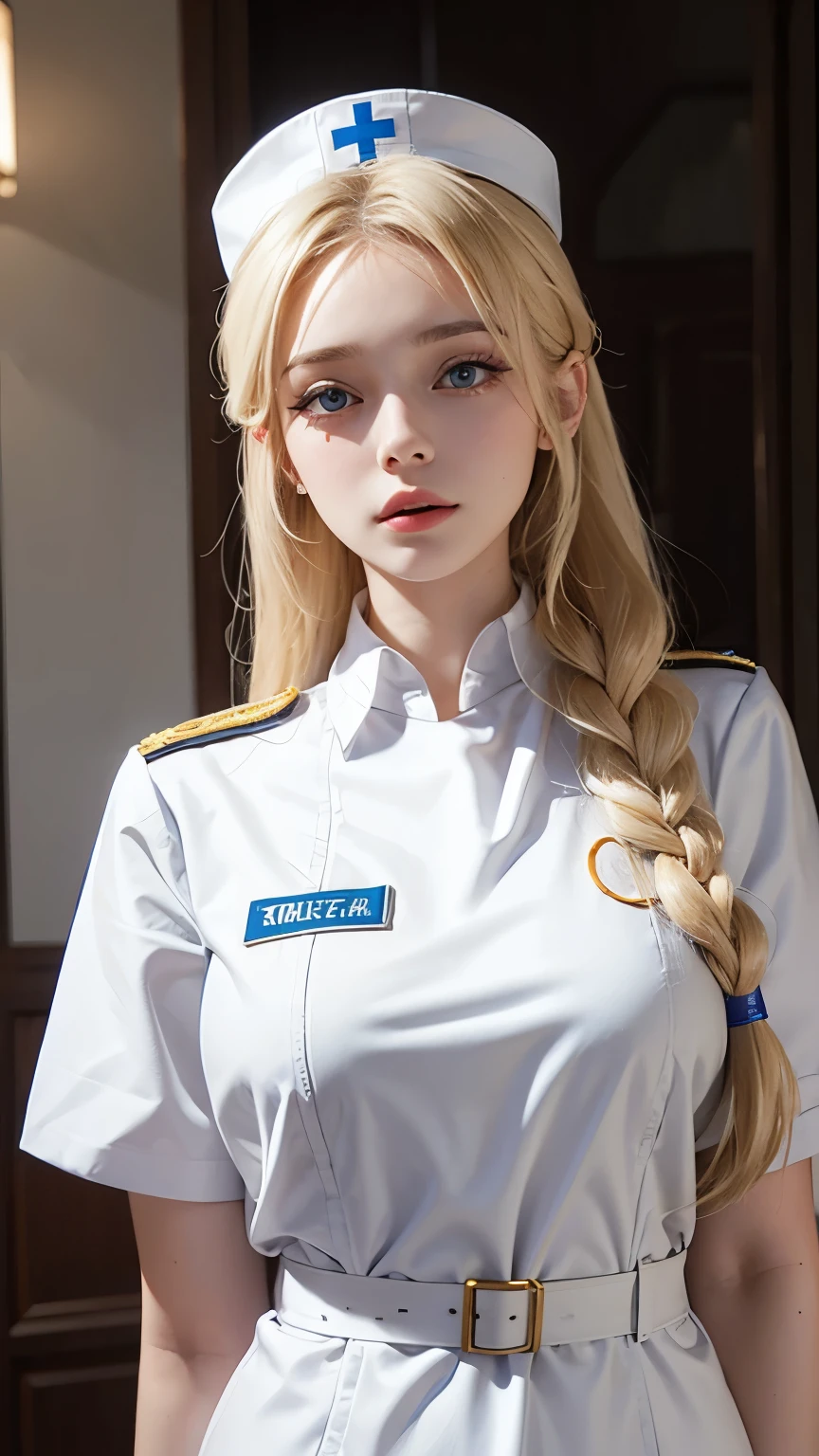1 garota em, 22 anos, (corpo inteiro), vestindo uniforme policial, (uniforme detalhado) corpo inteiro, numa delegacia de policia, (delegacia de policia ao fundo), Cabelo longo, Seios colossais e grandes, olhando para o espectador, long messy and windy blonde hair, olhos azuis, Uma sexy, ((Seios grandes)),