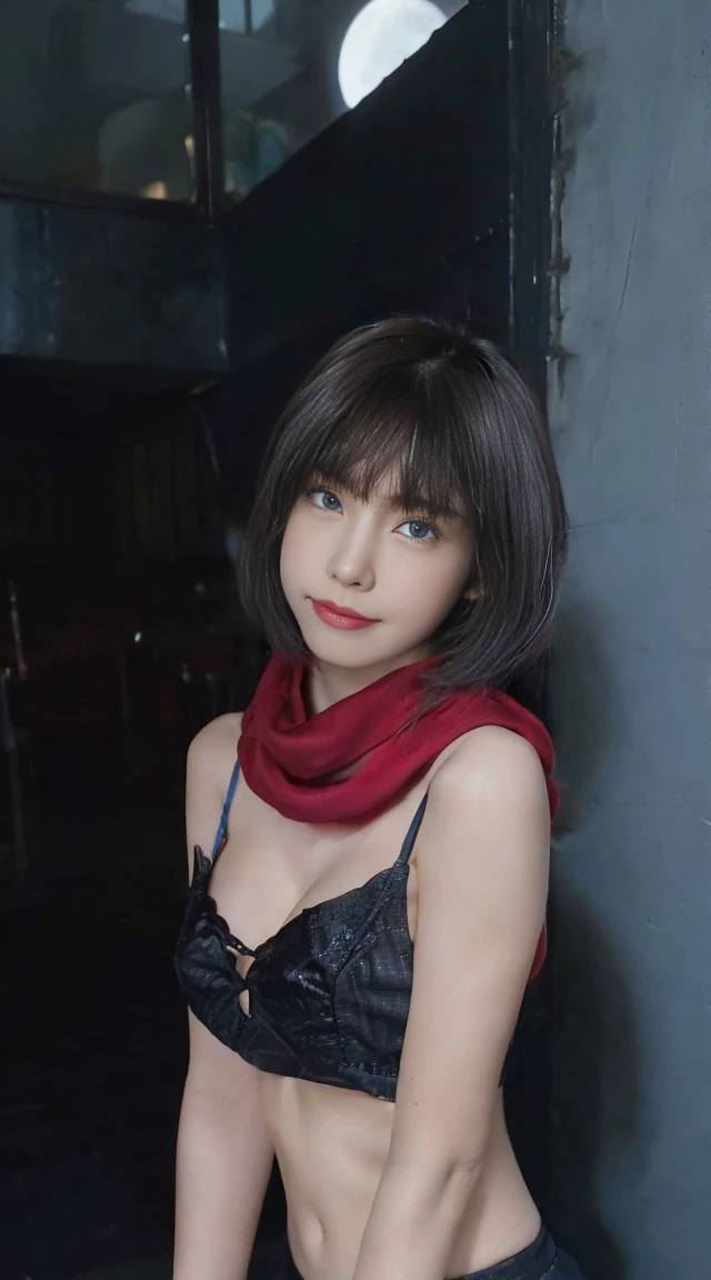 8K, Top Quality, Intricate Details, Ultra Detail, Ultra High Resolution, Masterpiece, random angle, mikasa ackerman, Slender, Smile, (Makeup: 0.4), (Fluffy Blue Eyes: 1.21), blue Eyes,, ((full body)), 1girl, solo, 1 girl, (( full body)), close-up shot, , , ((tall)), (((fit body))), (((slim face))), sharp face, sharp eyes, (((black hair, short hair, bangs )) ,(detailed face), sharp face, small lips, thin lips, ((red scarf, thigh strap, mini skirt)), detailed face, detailed breast, , large breast, detail, , Beautiful girl with accentuated slender abs: 1.4, Six Pack Abs: 1.4, Bust Botox, Big, Perfect Body, detail leg, (( moonlight)), ocean , thight dress, big tits , big ass,