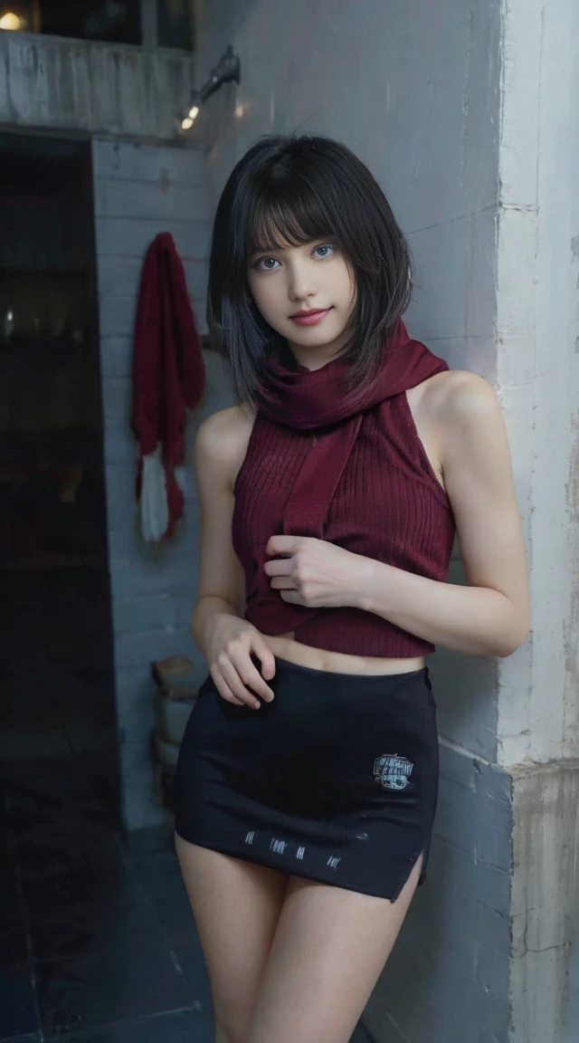 8K, Top Quality, Intricate Details, Ultra Detail, Ultra High Resolution, Masterpiece, random angle, mikasa ackerman, Slender, Smile, (Makeup: 0.4), (Fluffy Blue Eyes: 1.21), blue Eyes,, ((full body)), 1girl, solo, 1 girl, (( full body)), close-up shot, , , ((tall)), (((fit body))), (((slim face))), sharp face, sharp eyes, (((black hair, short hair, bangs )) ,(detailed face), sharp face, small lips, thin lips, ((red scarf, thigh strap, mini skirt)), detailed face, detailed breast, , large breast, detail, , Beautiful girl with accentuated slender abs: 1.4, Six Pack Abs: 1.4, Bust Botox, Big, Perfect Body, detail leg, (( moonlight)), ocean , thight dress, big tits , big ass, restroom, office,
