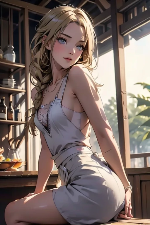 (from below:1.2),22 year old beautiful girl,Purplish blue eyes that dreamers desire,(Blonde hair) ,Longhaire,Twin-tailed,Braids, Hairline,small stature, (masutepiece:1.2, Best Quality),(finely detailed beautiful eye: 1.2),(beautifull detailed face),(perky chest:1.1),(pointed chest:1.2),(cakes magazine cover:1.5),(Best Illumination, extremely delicate and beautiful),sexy pose, in a bar counter,Ultra Contrast,Braid a little around the ears, White long dress, (very detailed),(Raw photo, highest quality),(realistic, Photoreal:1.3), high detail, very detailed complex 3D rendering of face, (very detailed skin:1.2), dynamic angle, fire glow effect, professional lighting, side light, cinematic light, a super high resolution, 8K , best shadow, particles of light, Fine skin texture, detailed face, intricate details, Super detailed, shine, Please reconsider, full body,, beautiful face, shiny skin, thin, nice companion, delicate body, thin legs, naked apron, ((crawl on all fours:0.9)), beautiful back, butt,little turn around, (A picture from a very front:0.7), bend the body, the skirt is floating in the wind:1.4, Dark purple panties, thin Pubic hair ,highest quality, high resolution, Real World, Natural light, perfect Natural Light,Realistic, (cute, perfect clothes, cute: 1.3) ,narrow waist,(with sparkling eyes and a contagious smile), open mouth, looking at viewer,
