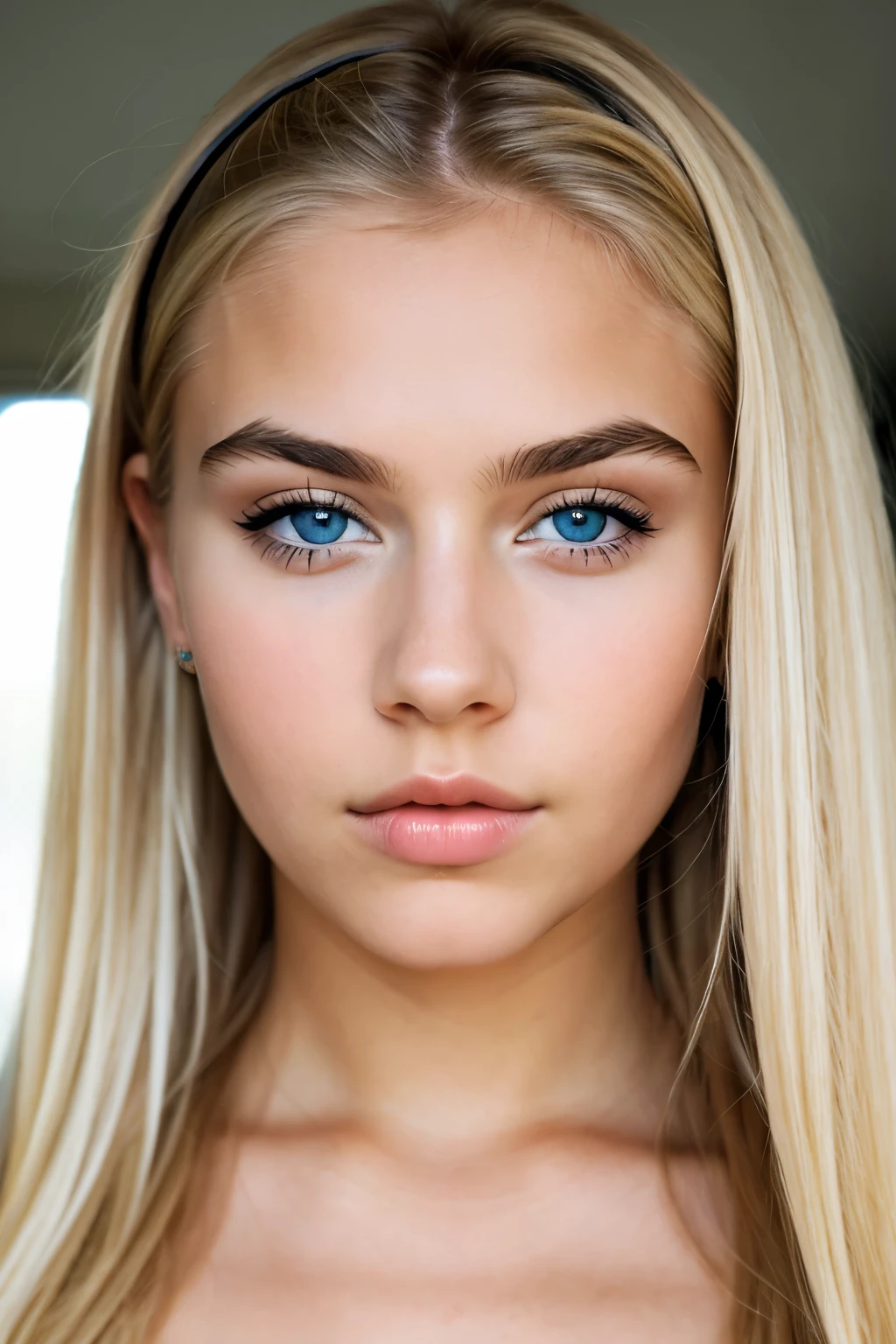 Photo of a girl, with blond hair half up, blue eyes, black eyebrows, textured skin, looking at the camera, frontal view