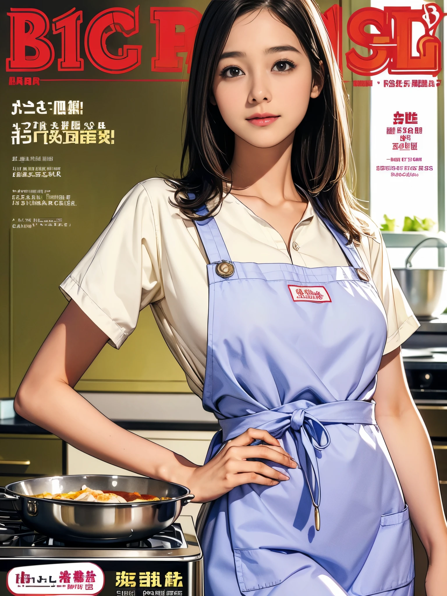 (Highest quality, masterpiece), Cover of a cooking magazine for women, One girl, 13 years old, (Very slim:1.5), Big round eyes, (Droopy eyes), Thin arms, Big Breasts, amazing, cute, A gentle smile, apron, food, article, chart, advertisement, Magazine Title