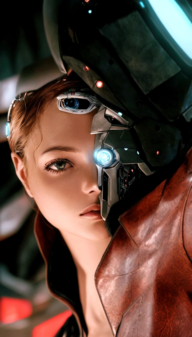 Arafed woman in a leather jacket and a futuristic helmet., Movie still of a cyborg., perfect cyborg woman, Movie still of a cyborg genial., crystal cyborg, an image of a beautiful cyborg, beautiful white cyborg girl, cyborg close-up portrait, cyborg woman, portrait of a science fiction woman, beautiful female cyborg, cyborg movie frame