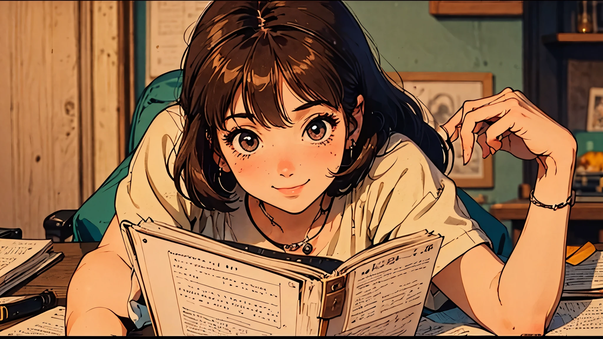 A girl, 80s anime style, retro, lo-fi, piercing, smile