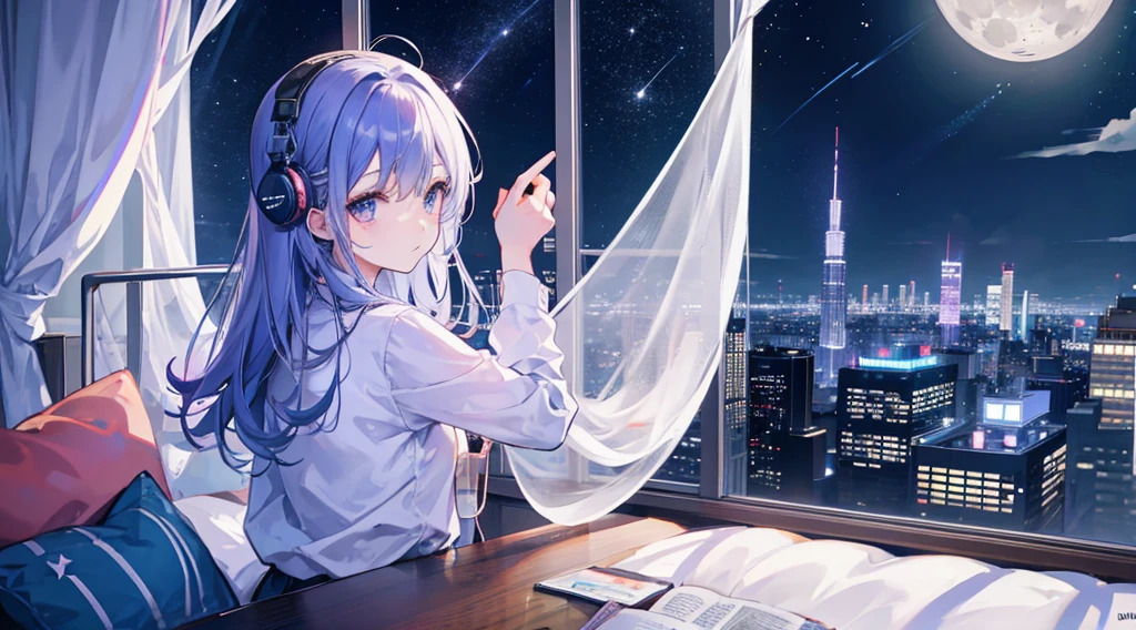 Late Night、moon、star、Girl studying in room、Listening to music through headphones、Skyscrapers outside the window、Calm、Healing