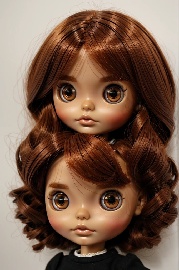 A blythe doll copper hair, with brown skin and black eyes