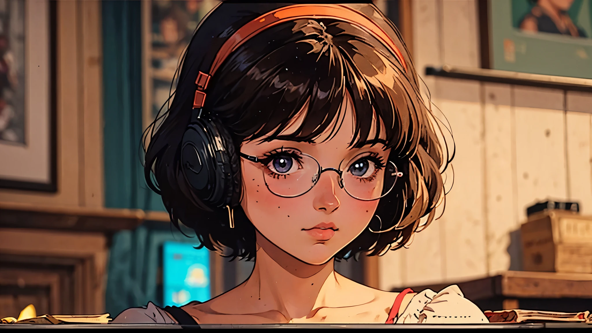 A girl, 80s anime style, retro, lo-fi, piercing, glasses