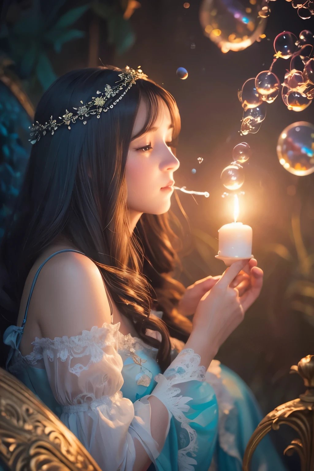 A painting of a woman in a dress blowing bubbles, Roysh and Wow, Mysterious Bubbles, Moebius + Roysh + Wow, Dreamy details, intricate Wow, A close-up fantasy using the magic of water, fairy tale artwork, Fairy tale painting, Anna Dittmann style, Wow art, Realistic fantasy painting, Artgerm Julie Bell Beeple, many people