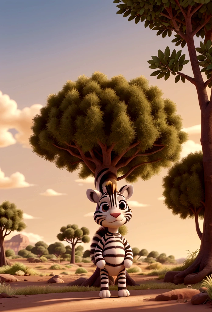a friendly little zebra with a background landscape of bushes and late afternoon sun
