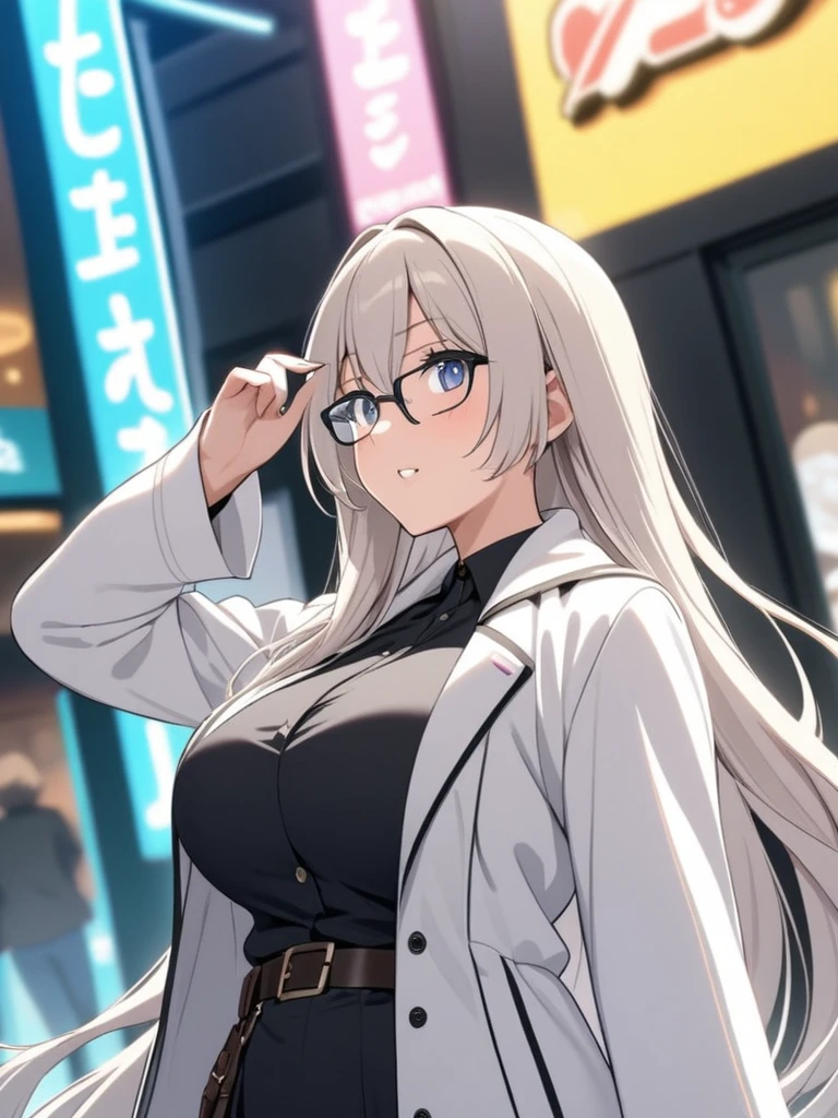 Anime Girls, Long Hair, Big Breasts, Wear glasses, White coat, There&#39;s blood on the skirt, Sticking out tongue flirtatiously, High resolution, Super detailed, Blurred foreground, masterpiece , Highest quality