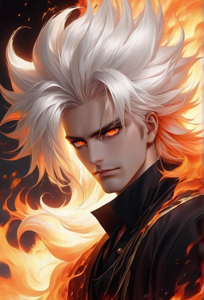 Man with white and big hair  and fiery eyes 🔥