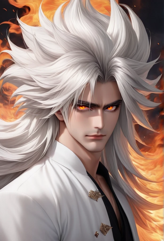 Man with white and big hair  and fiery eyes 🔥