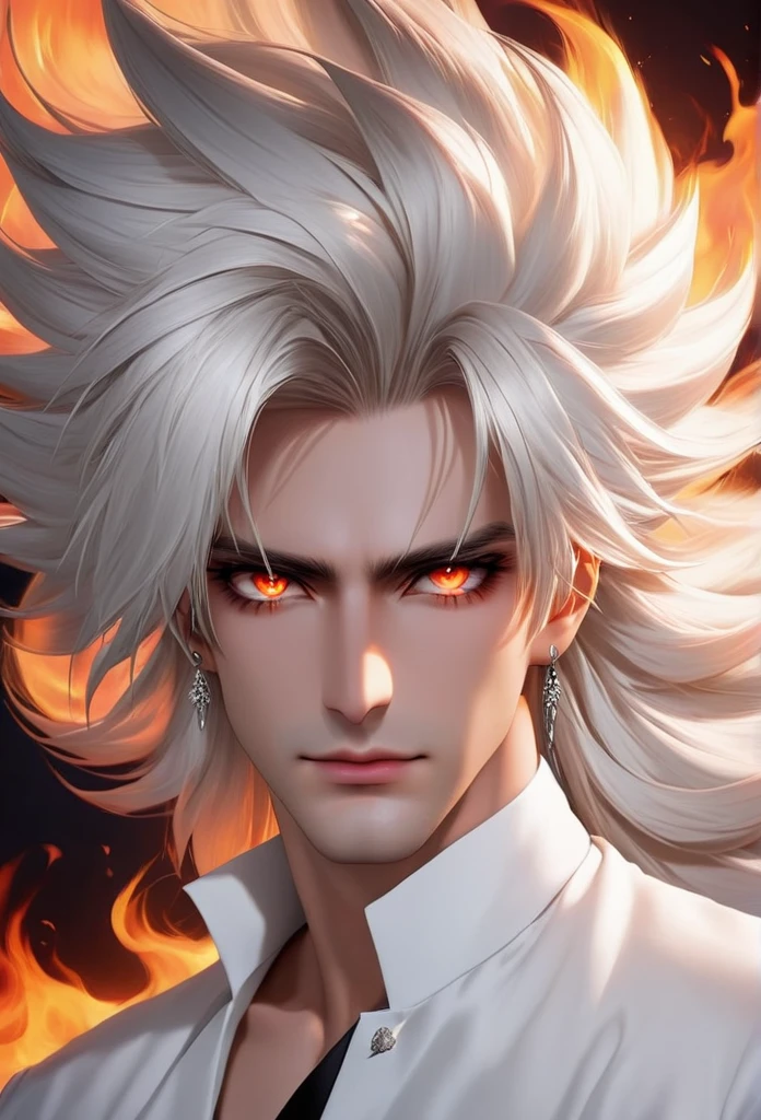 Man with white and big hair  and fiery eyes 🔥