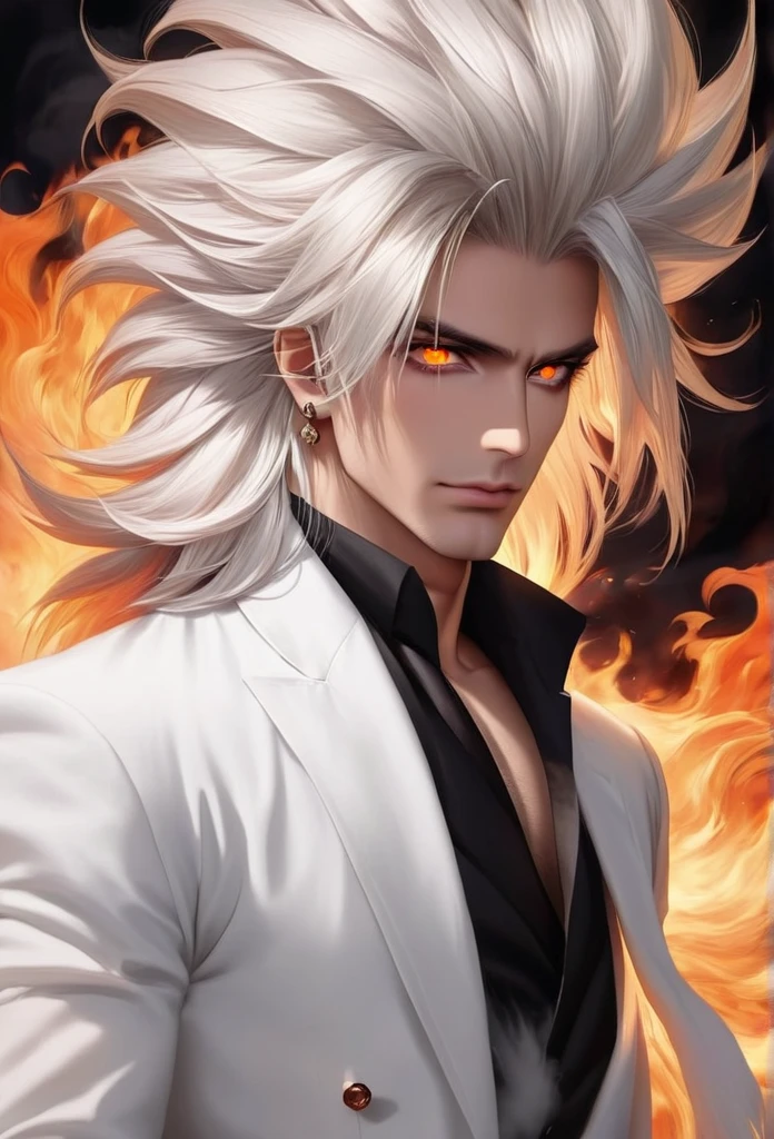 Man with white and big hair  and fiery eyes 🔥