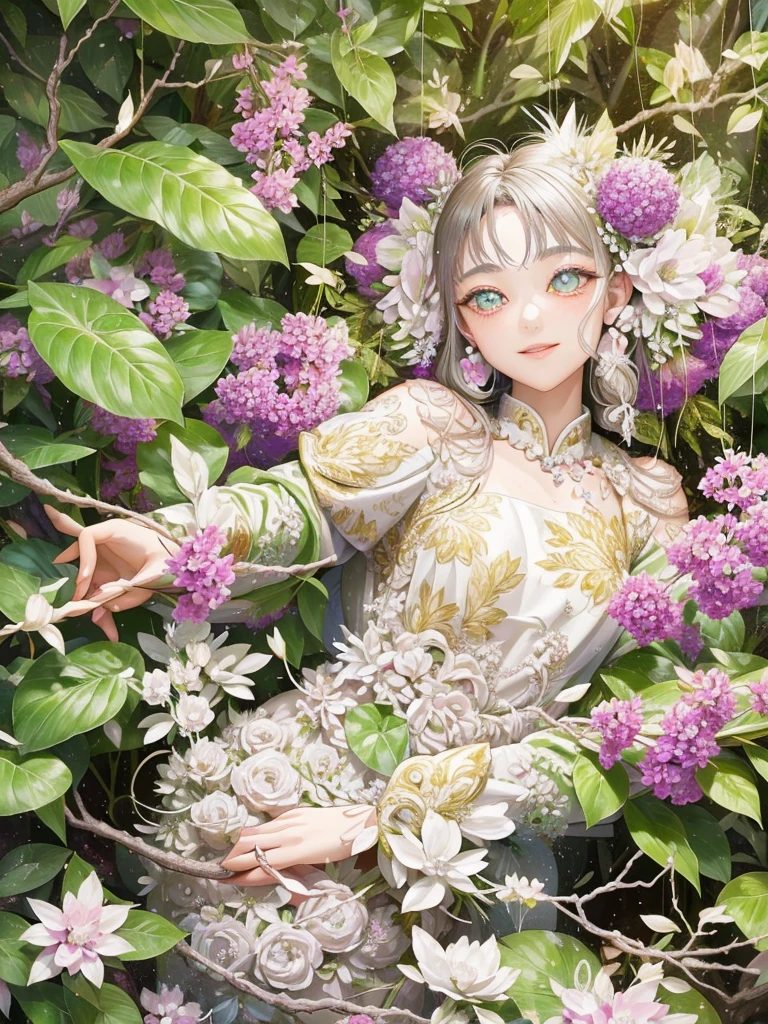 Forest Fairy、Wind and petals fly from the scooping hands.、woman、smile、Long ears、One-piece dress with flower decoration、race、Gorgeous Accessories、in the forest、Sunlight filtering through the trees、Close-up of the upper body from below、delicate、colorful、