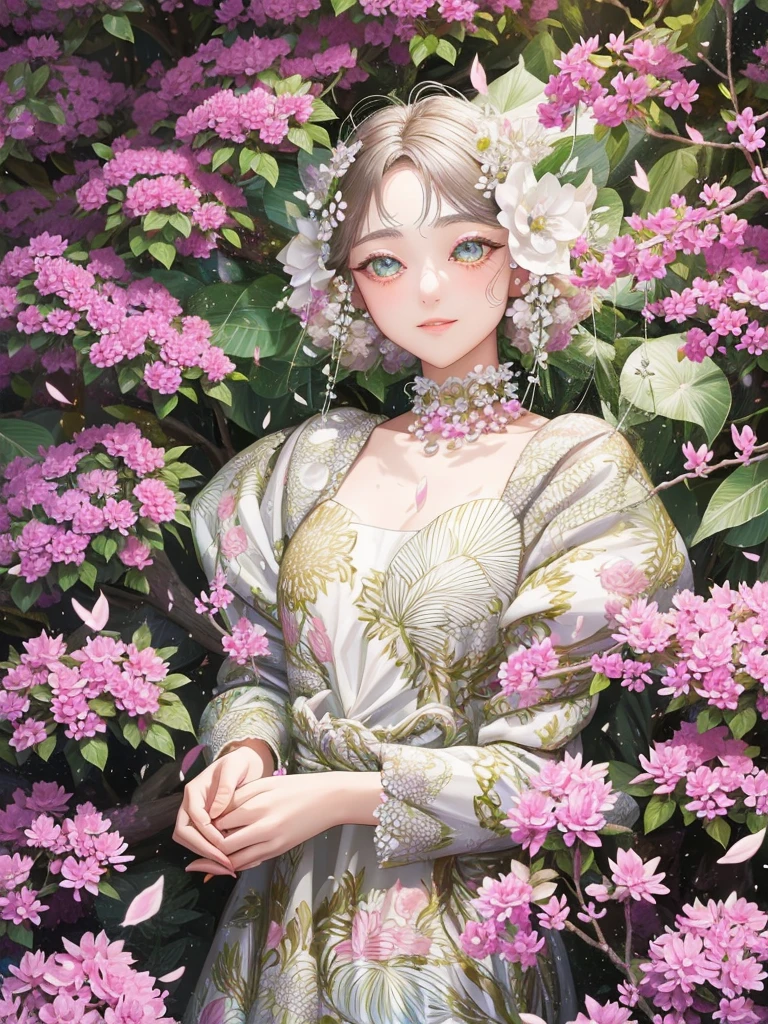 Forest Fairy、Wind and petals fly from the scooping hands.、woman、smile、Long ears、One-piece dress with flower decoration、race、Gorgeous Accessories、in the forest、Sunlight filtering through the trees、Close-up of the upper body from below、delicate、colorful、