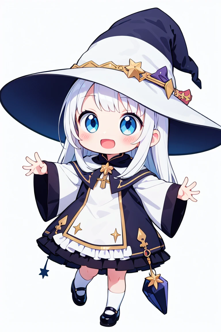 chibi, flat color, solo, full body, (five fingers), cute, (highest quality), blue eye, long hair, white hair, white wizard frilled dress, witch hat, Beam with laughter, open mouth, looks fun, ((white background)), (masterpiece)