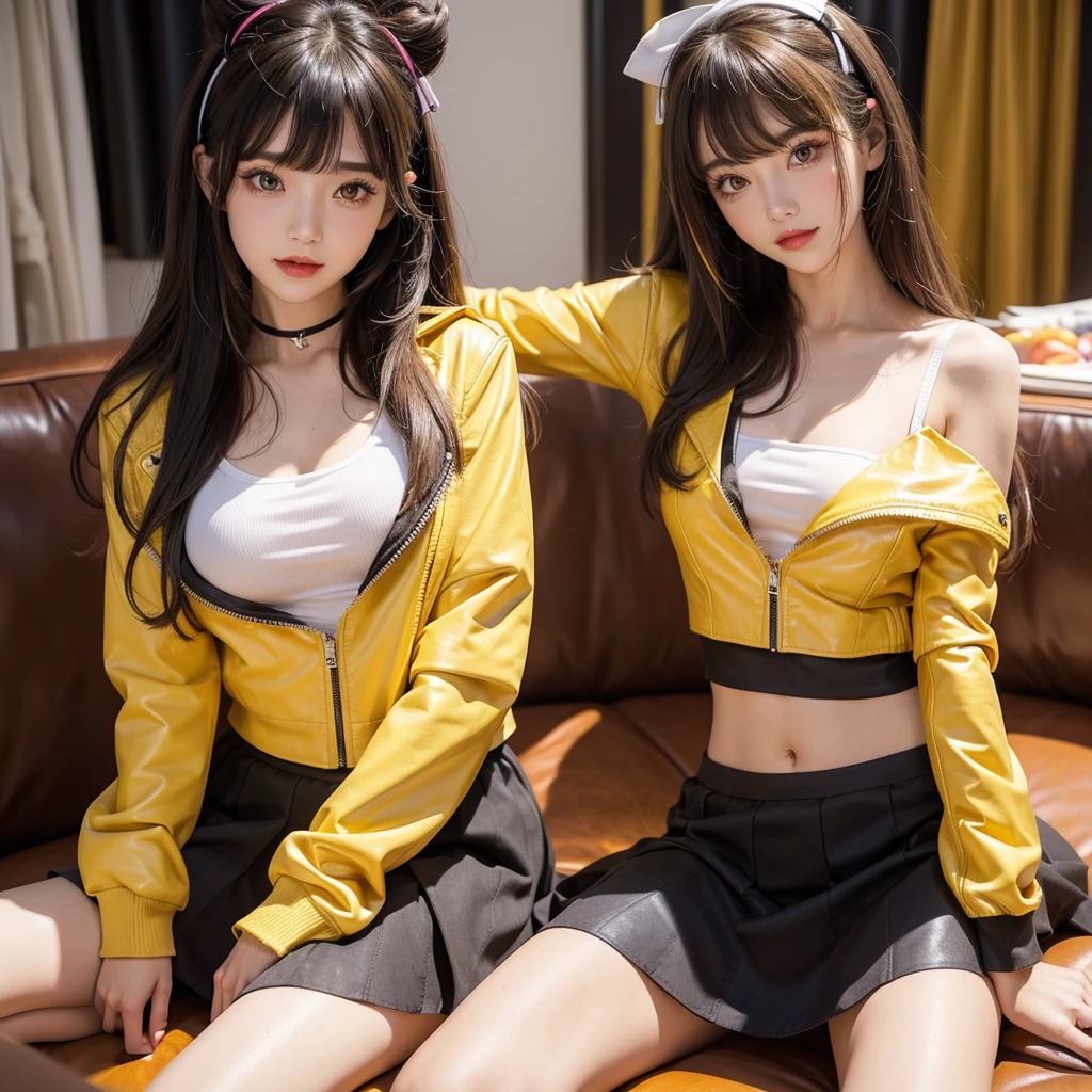 bangs down,beautiful girl,Maid clotheasterpiece,perfect face,perfect breasts,long hair,Outstanding style,stimulating,Cute outfits,Horny girl,double eyelid,Naughty Girls,Erotic and cute,mini skirt,ribbon on uniform,colorful hair color,yellow eyes,leather jacket,horny girl,Knee-high boots, Colorful,multicoloured,future fashion,smile,,zipper bra,Multicolored clothing
