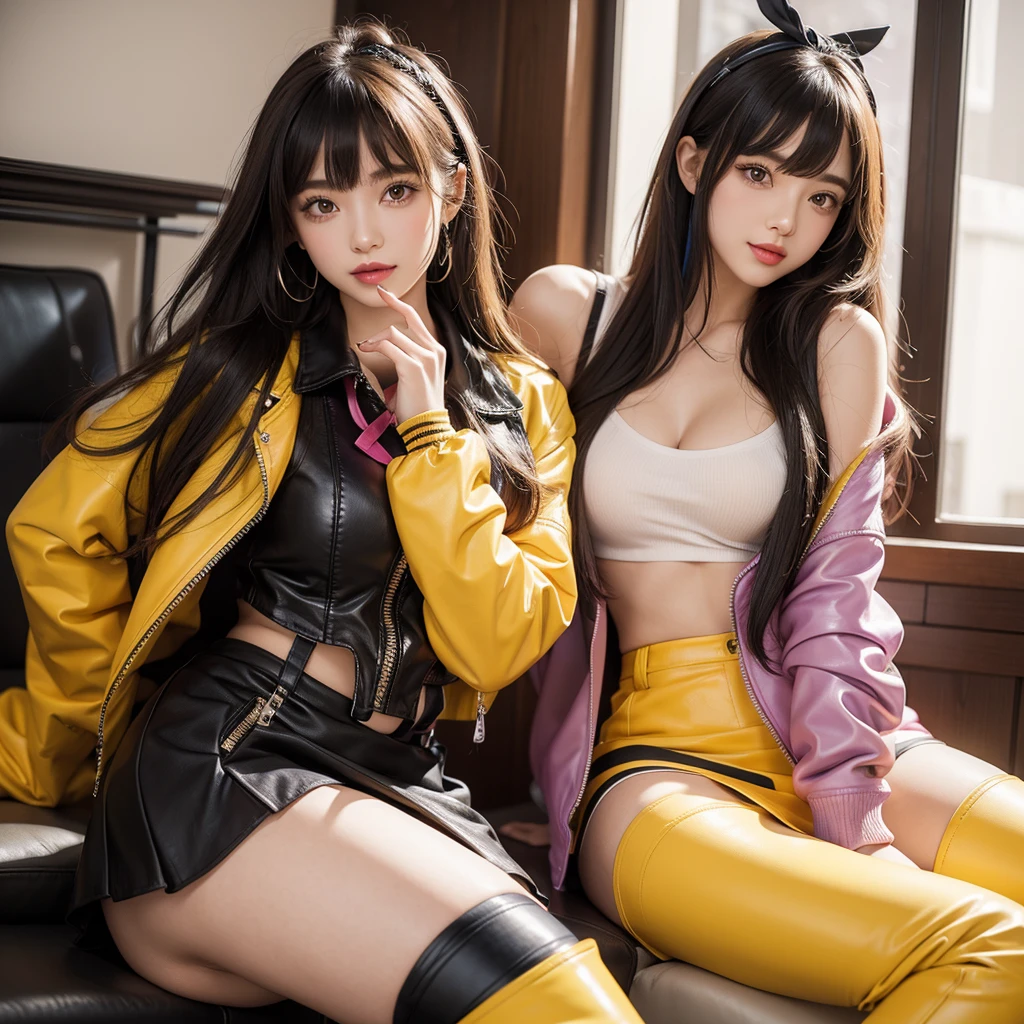 bangs down,beautiful girl,Maid clotheasterpiece,perfect face,perfect breasts,long hair,Outstanding style,stimulating,Cute outfits,Horny girl,double eyelid,Naughty Girls,Erotic and cute,mini skirt,ribbon on uniform,colorful hair color,yellow eyes,leather jacket,horny girl,Knee-high boots, Colorful,multicoloured,future fashion,smile,,zipper bra,Multicolored clothing