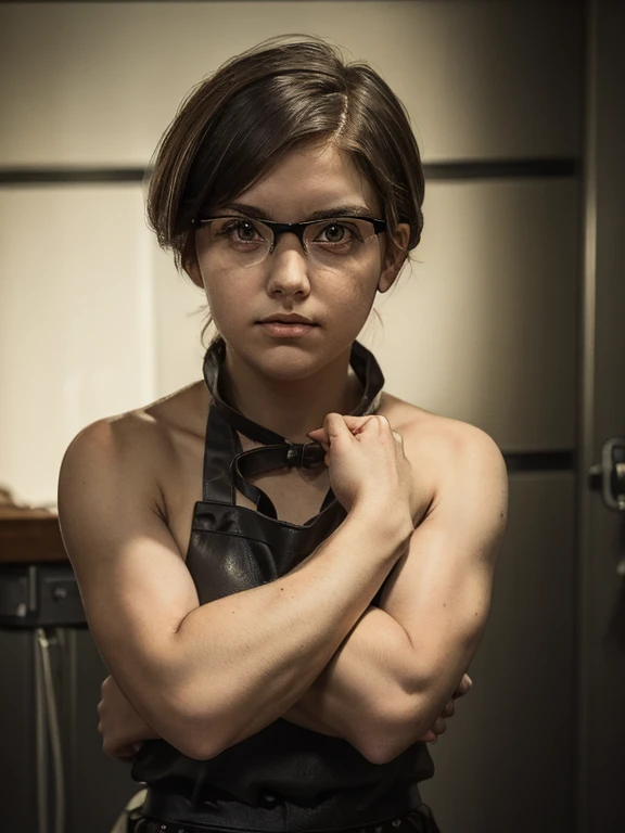 photo portrait of a young chubby Russian girl 22 years old, corneal reflections, Detailed leather texture, lump on the skin, fuzz on the skin, Fluffy hair, medium length brown tousled hair just below the shoulders (rebellious late 80s hairstyle), amber eyes, glasses with lenses in black frames, looking into the eyes of the viewer, bare leather apron, muscular arms, Graceful fingers, in a hospital room(Morgue), a dark room, depth of field, backlight