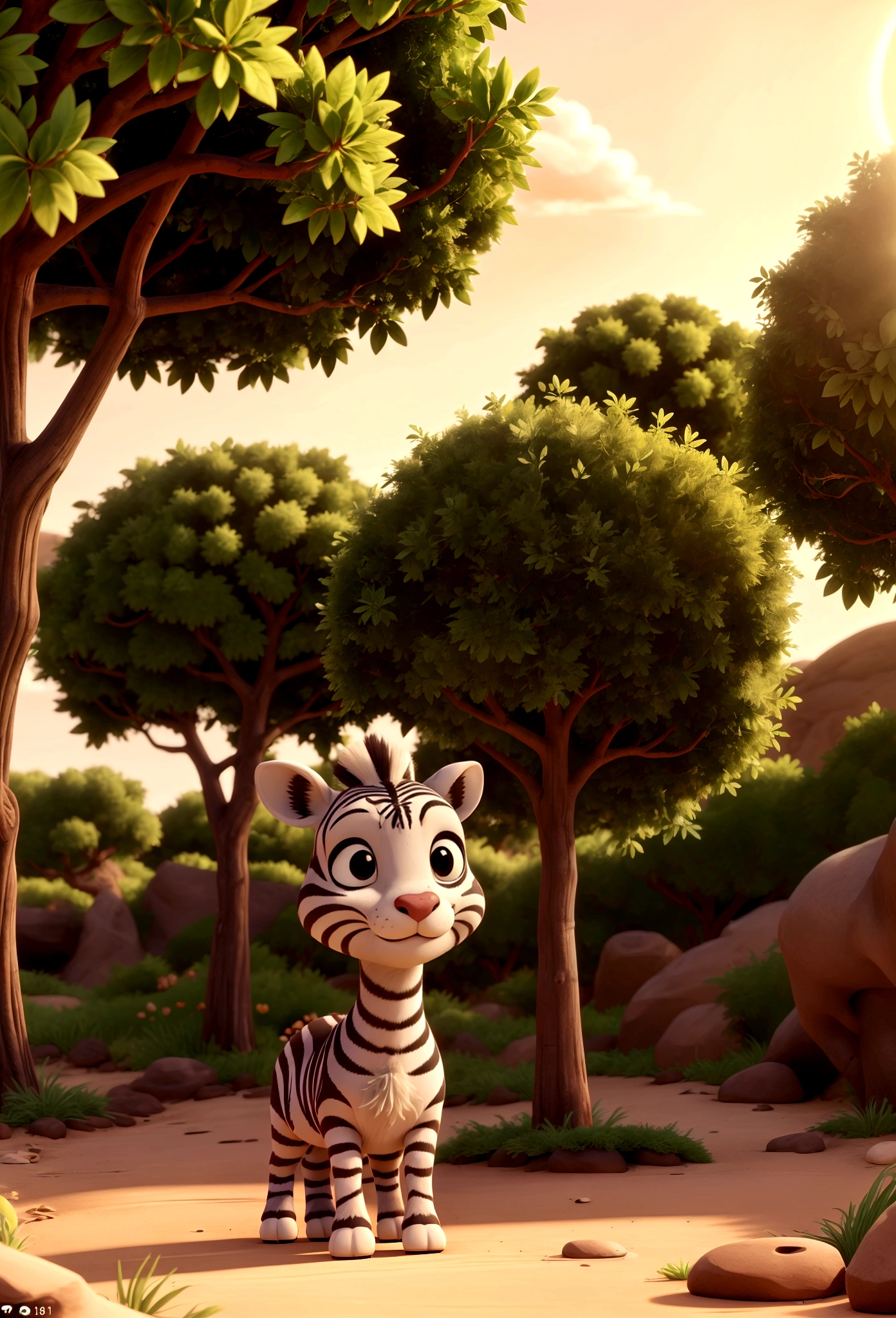 a friendly little zebra with a background landscape of bushes and late afternoon sun