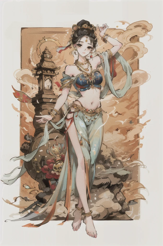 Woman in belly dance costume, full color illustration,