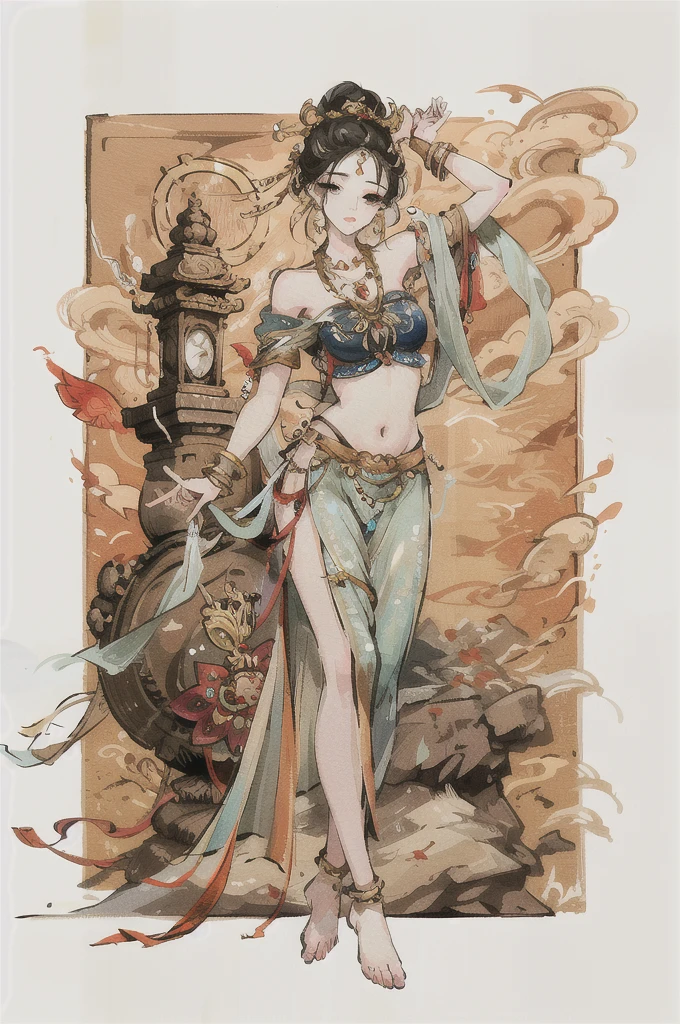 Woman in belly dance costume, full color illustration,