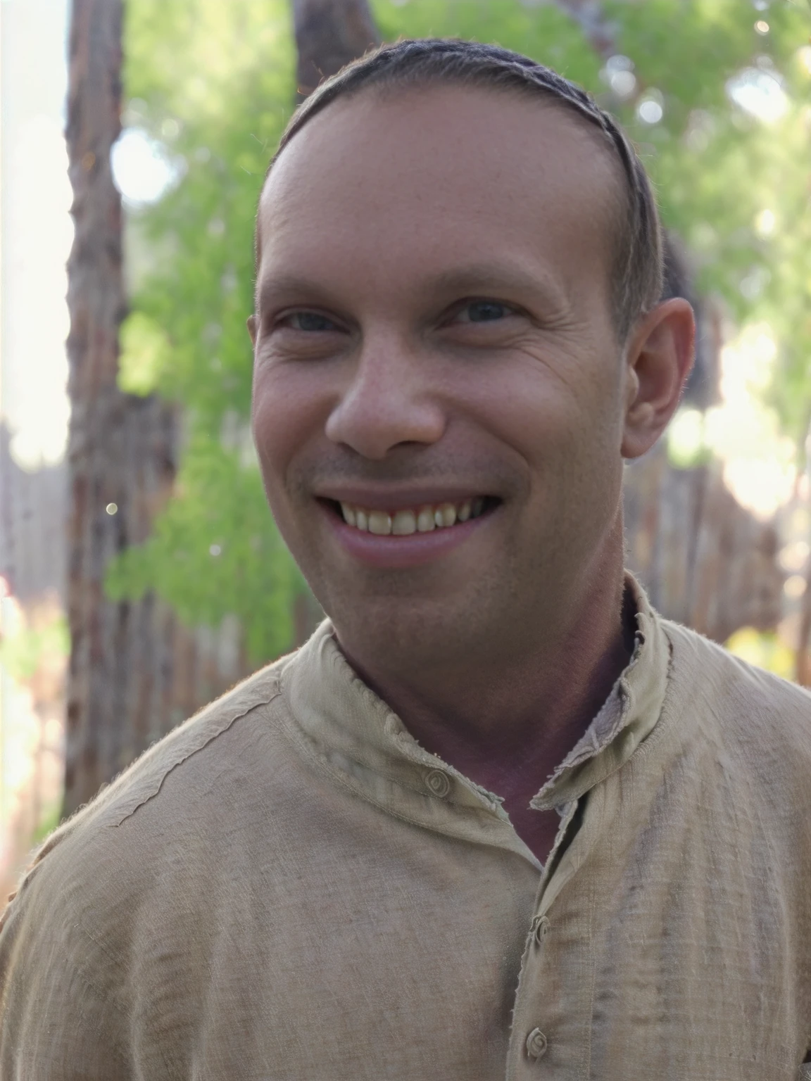 a smiling man looking to the side, todder1 Todder8, detailed facial features, photorealistic, 8k, highly detailed, realistic, natural lighting, warm tones, soft focus, cinematic, masterpiece, festival vibe, indian spice market linen shirt earthtone