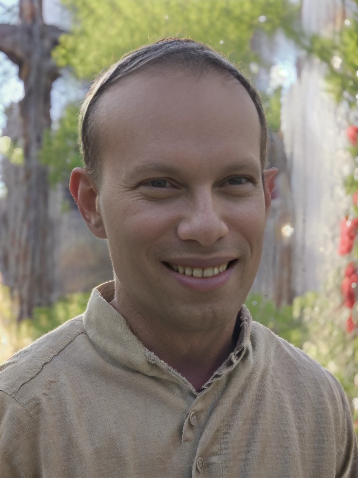 a smiling man looking to the side, todder1 Todder8, detailed facial features, photorealistic, 8k, highly detailed, realistic, natural lighting, warm tones, soft focus, cinematic, masterpiece, festival vibe, indian spice market linen shirt earthtone