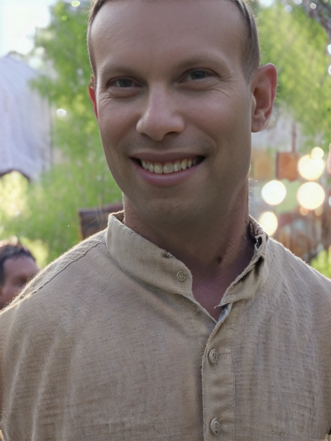 a smiling man looking to the side, todder1 Todder8, detailed facial features, photorealistic, 8k, highly detailed, realistic, natural lighting, warm tones, soft focus, cinematic, masterpiece, festival vibe, indian spice market linen shirt earthtone