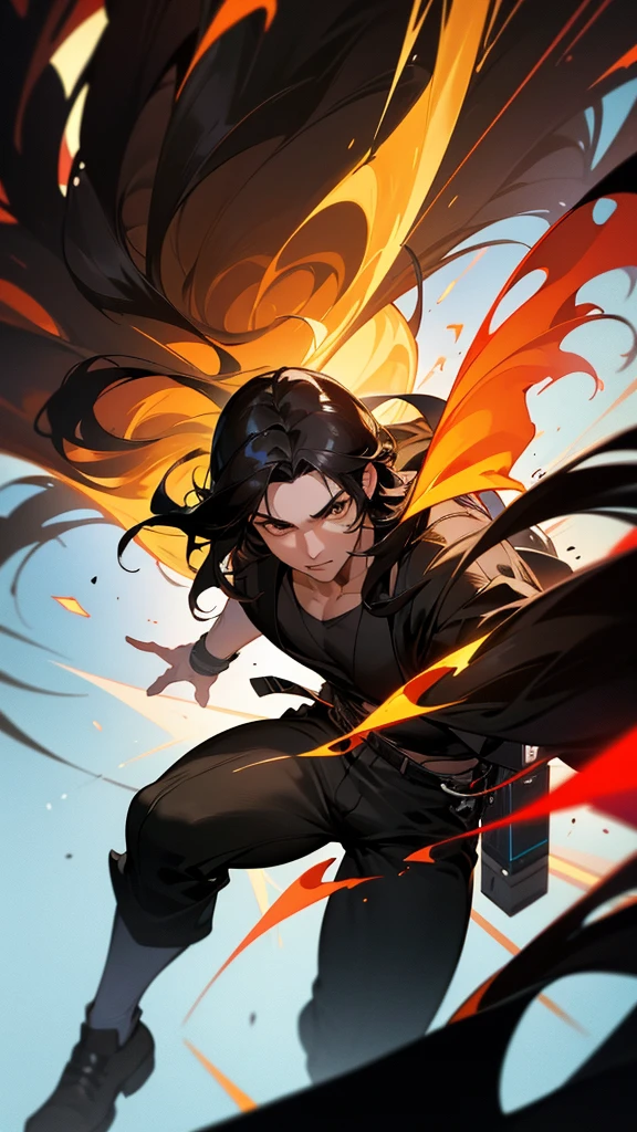 a young man with long black hair, brown eyes, detailed facial features, 1 boy, dynamic pose, cinematic lighting, vibrant colors, abstract background, digital art, 3d render, highly detailed, photorealistic, 8k, hyper realistic, masterpiece