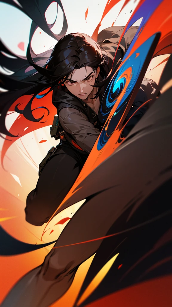 a young man with long black hair, brown eyes, detailed facial features, 1 boy, dynamic pose, cinematic lighting, vibrant colors, abstract background, digital art, 3d render, highly detailed, photorealistic, 8k, hyper realistic, masterpiece