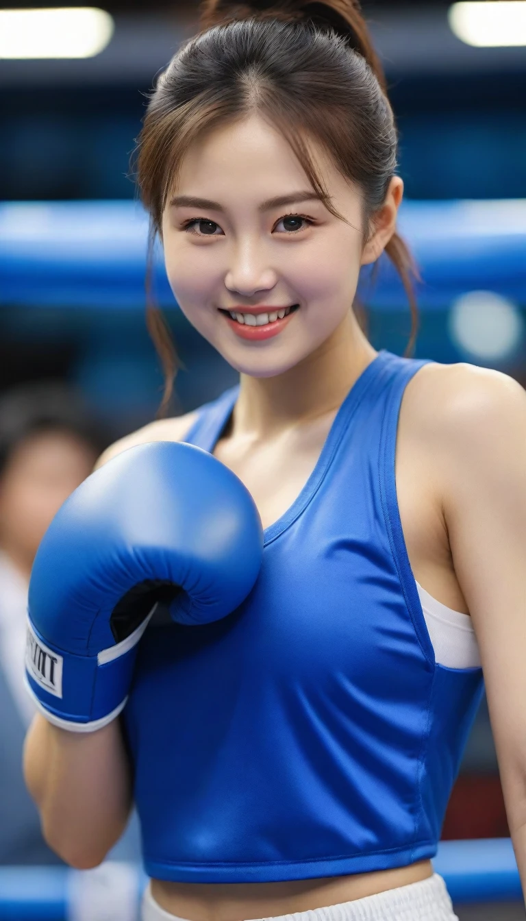 Close-up photo of a beautiful Korean woman, Bust size 34 inches, high ponytail , smile a little, Wearing a blue boxing vest, Raise your fist with boxing gloves., On the boxing ring bokeh background, UHD