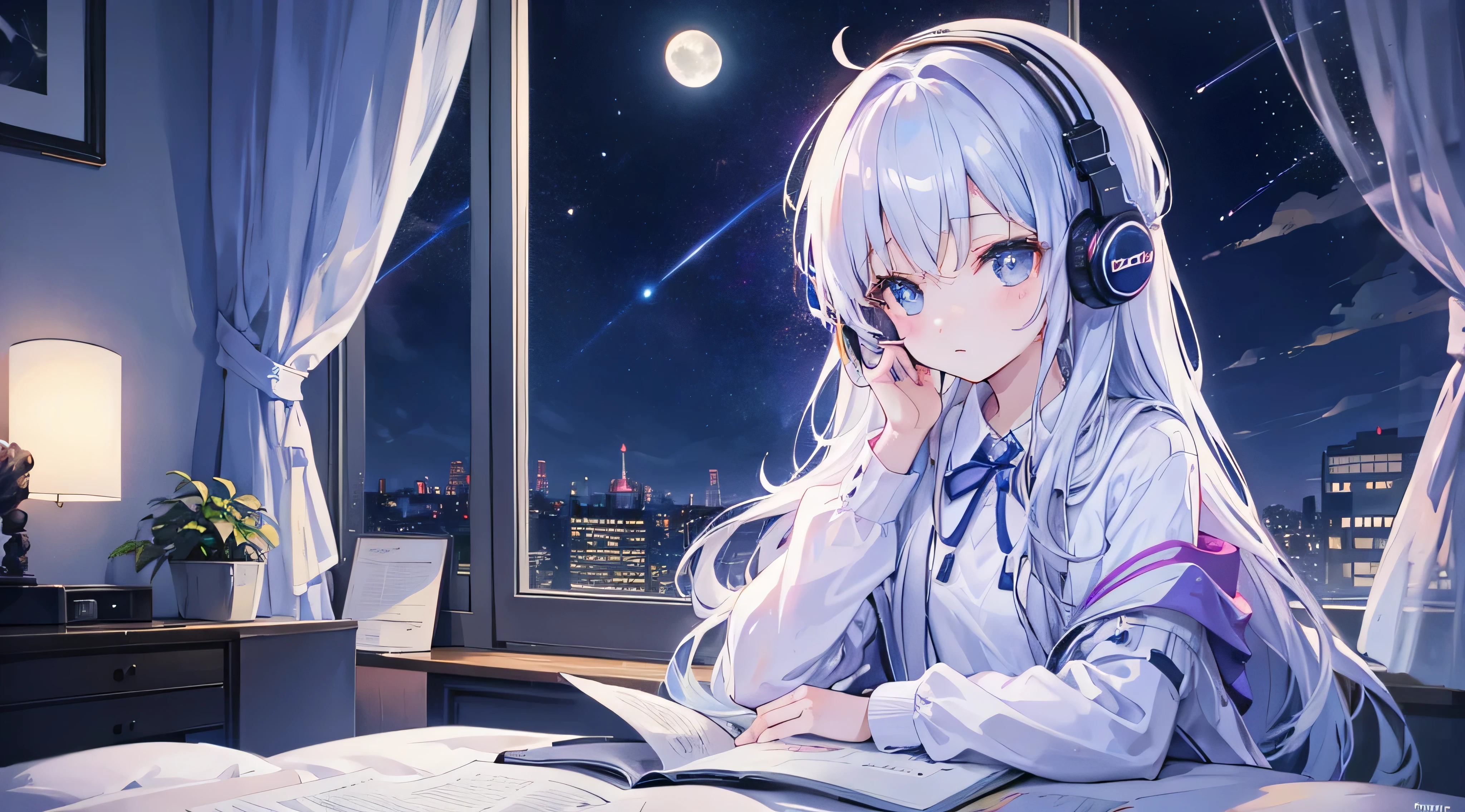 Late Night、moon、star、Girl studying in room、Listening to music through headphones、Skyscrapers outside the window、Calm、Healing
