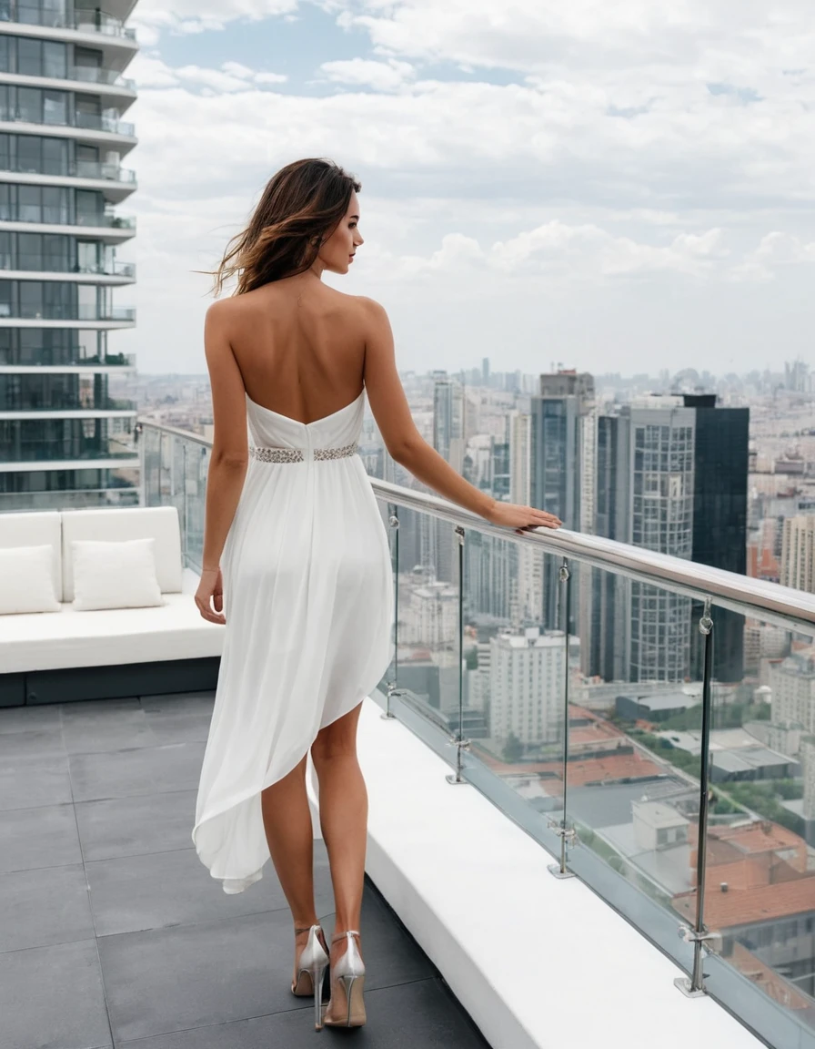 araffe woman in white dress walking on balcony with glass railing, a picture by Aleksander Kotsis, tumblr, arabesque, standing on a skyscraper rooftop, nico wearing a white dress, wearing a wet white short dress, on rooftop, standing on rooftop, penthouse, on a balcony, standing on a rooftop, balcony