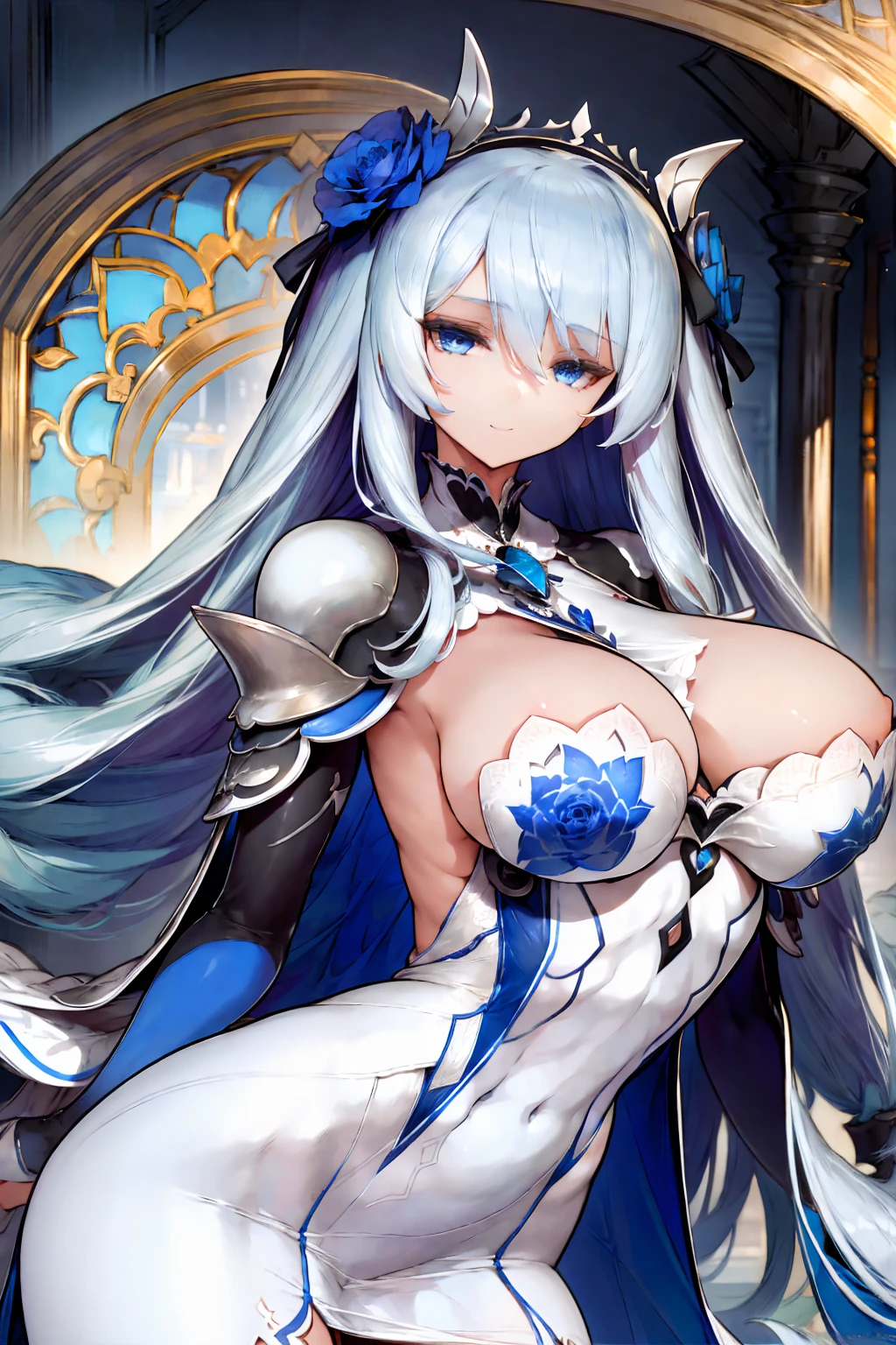 (((1 woman))), ((detailed blue eyes)), ((long silver hair)), large breasts, perfectly drawn body, seductive smile, white dress, adorned with blue roses, best quality, masterpiece, ultra-detailed