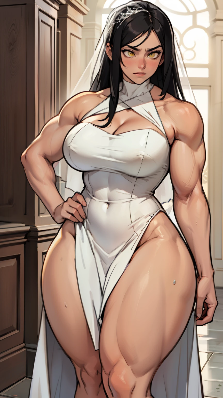 wide hips curvy thick thighs voluptuous large breasts muscular toned body bodybuilder black hair pale skin yellow eyes skintight expressionless sad sad wedding dress wedding dress wedding dress